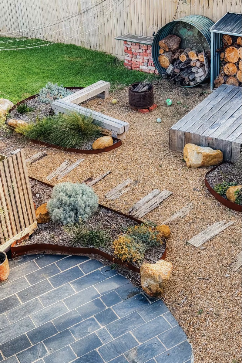 Backyard with native garden and firepit